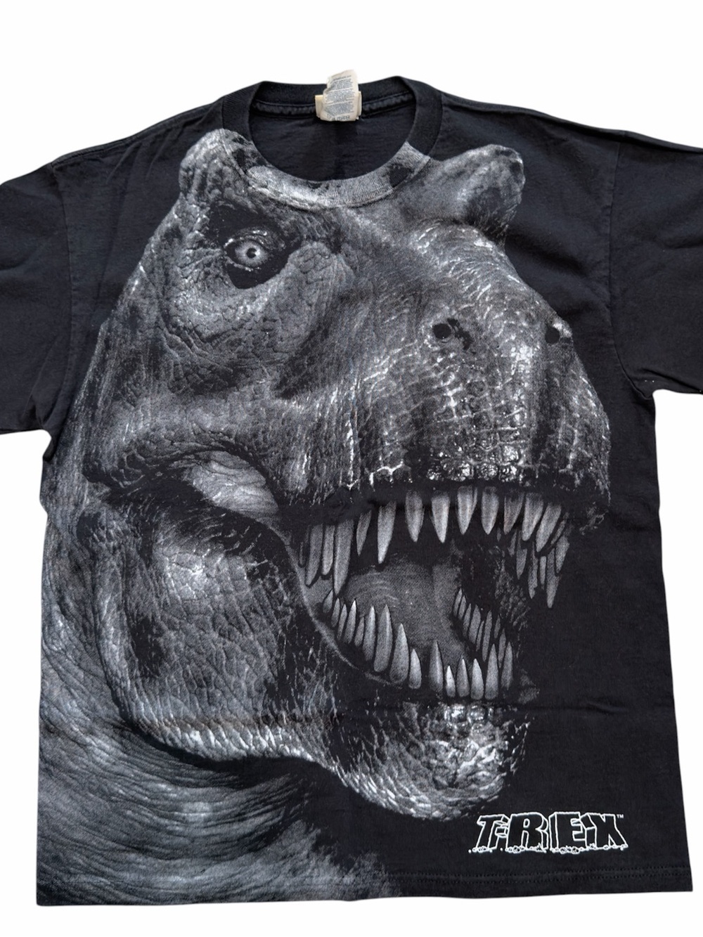 Vintage Disney T-Rex Cafe Dinosaur Graphic T Shirt Black AOP Mens Medium